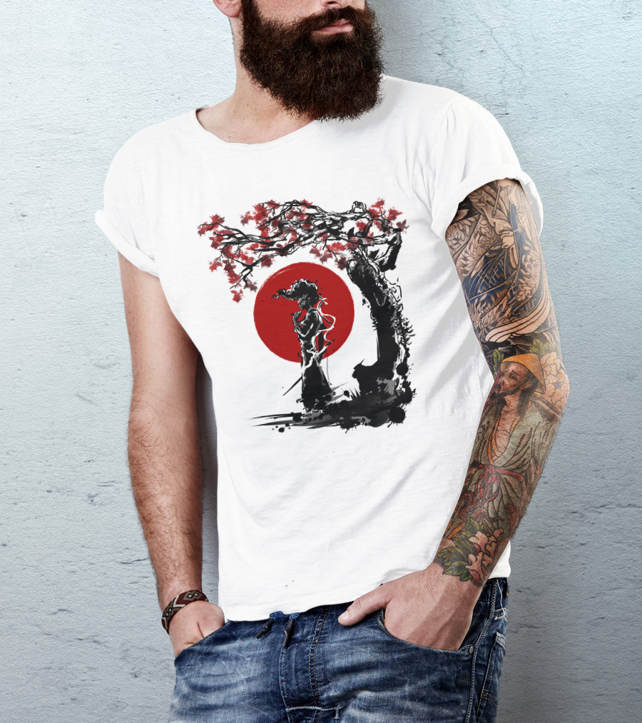 Afro Samurai Under Red Sun And Sakura Tree Shadows T-Shirt