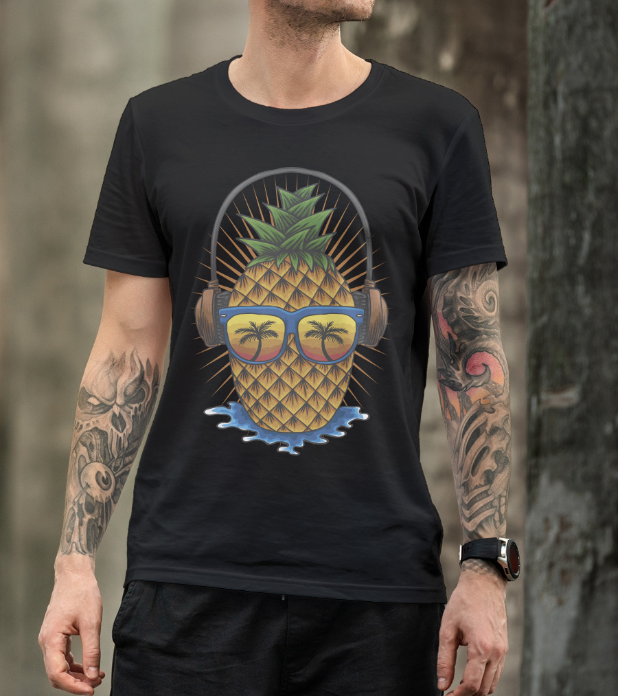 Pineapple Wearing Headphones And Sunglasses With Palm Trees And Ocean Waves T-Shirt