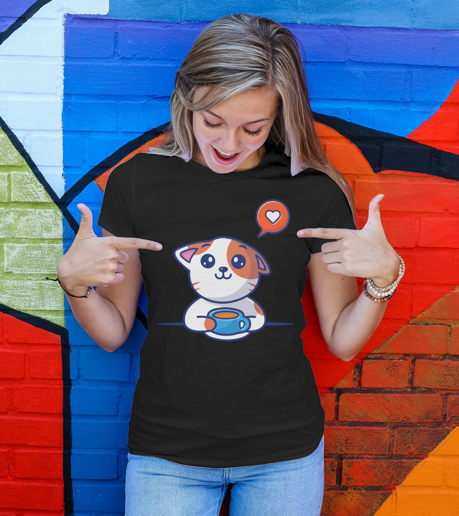 Cat Drink Coffee Heart Bubble T-Shirt
