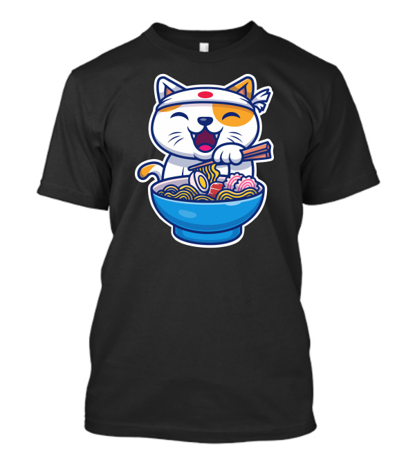 Cat Joyfully Eating Ramen Noodles With Chopsticks And Headband T-Shirt