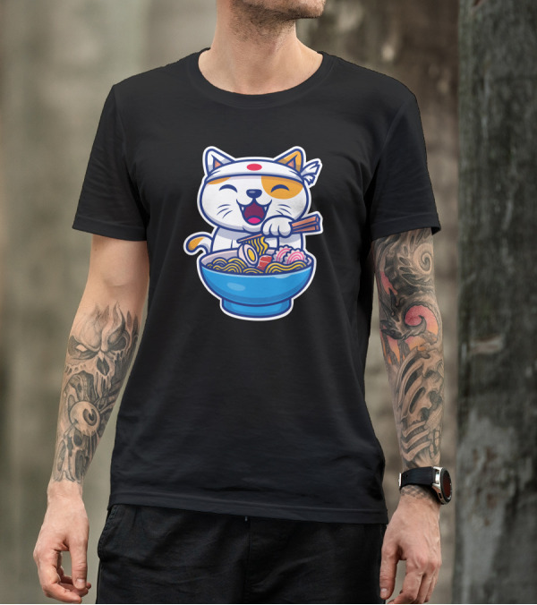 Cat Joyfully Eating Ramen Noodles With Chopsticks And Headband T-Shirt
