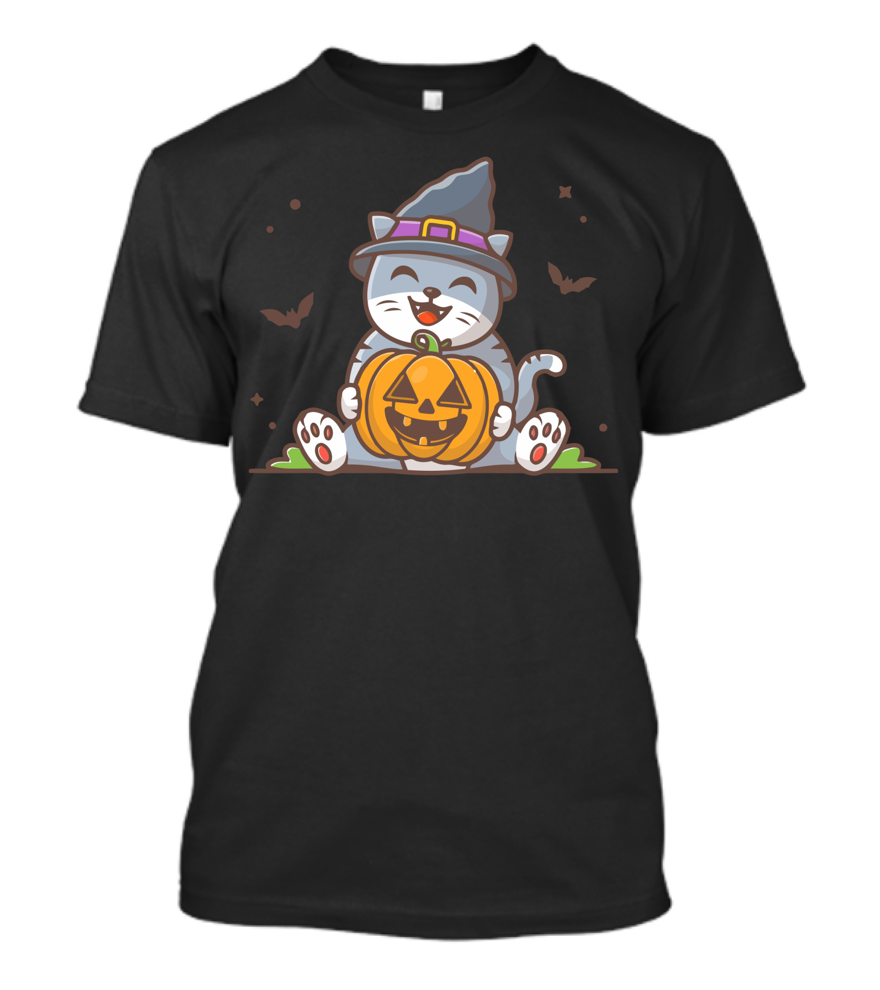Cat Witch With Halloween Pumpkin And Bats T-Shirt