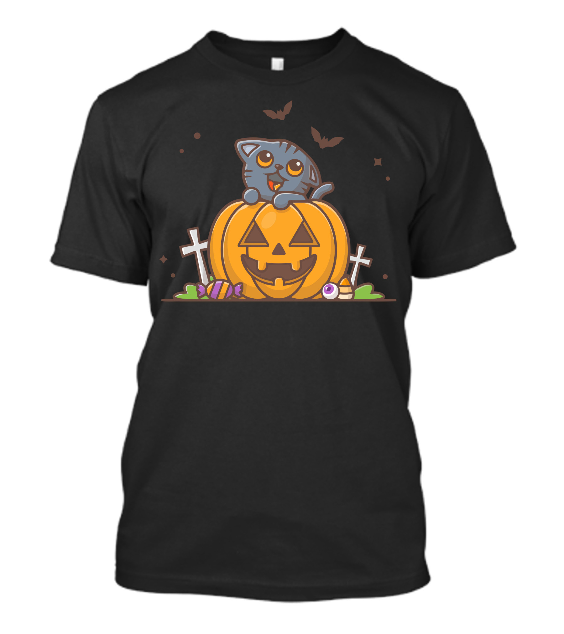 Halloween Cat On Pumpkin With Candy And Bats T-Shirt