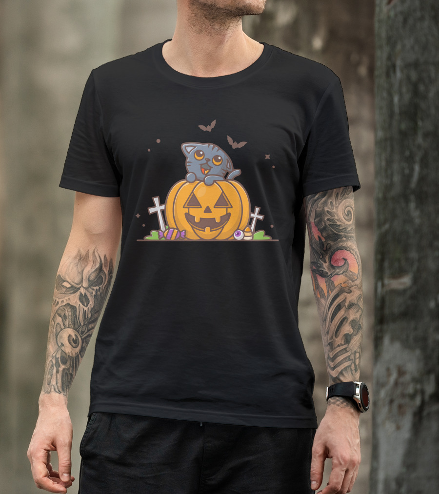 Halloween Cat On Pumpkin With Candy And Bats T-Shirt