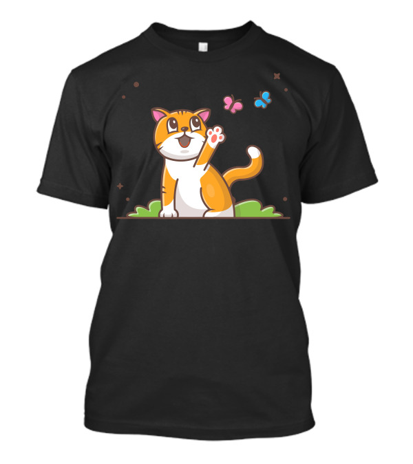 Cat Pawing At Butterflies In Nature Scene T-Shirt
