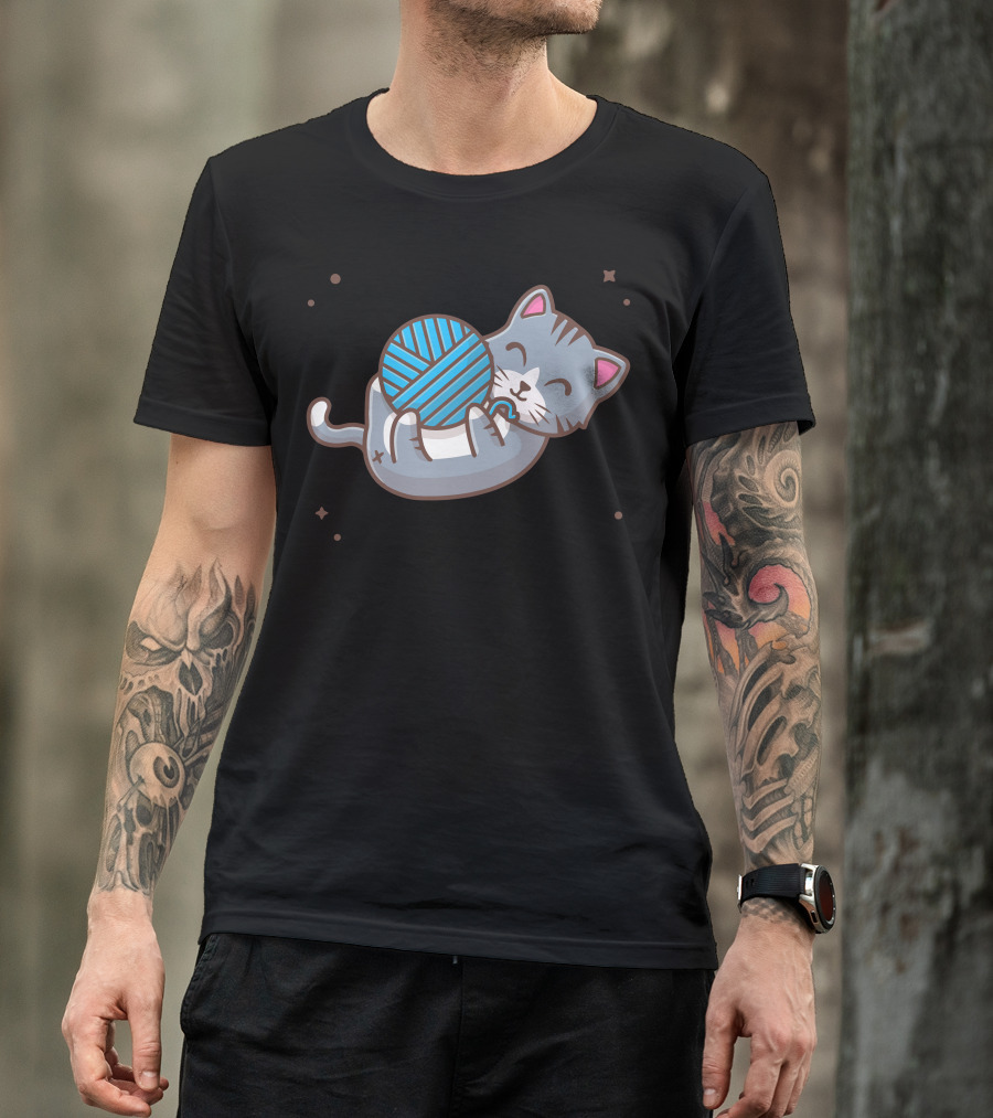 Cat Cuddling Blue Wool Ball With Stars T-Shirt