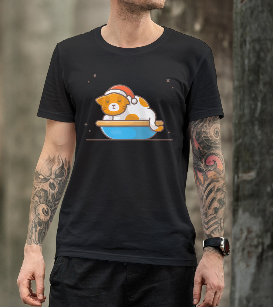 Cat Sleeping With Santa Hat In Winter Season T-Shirt