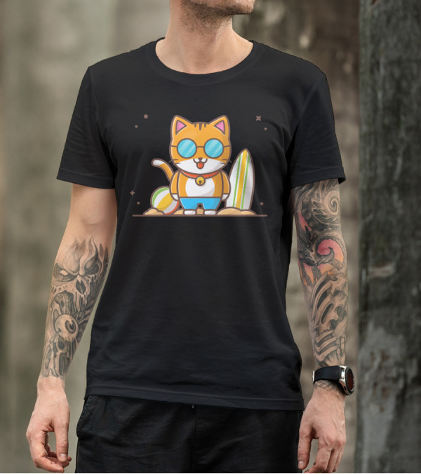 Cat Summer Play On Beach With Surfboard And Sunglasses T-Shirt