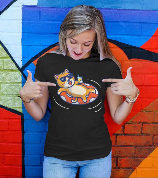 Cat Floating On Beach With Sunglasses And Drink T-Shirt