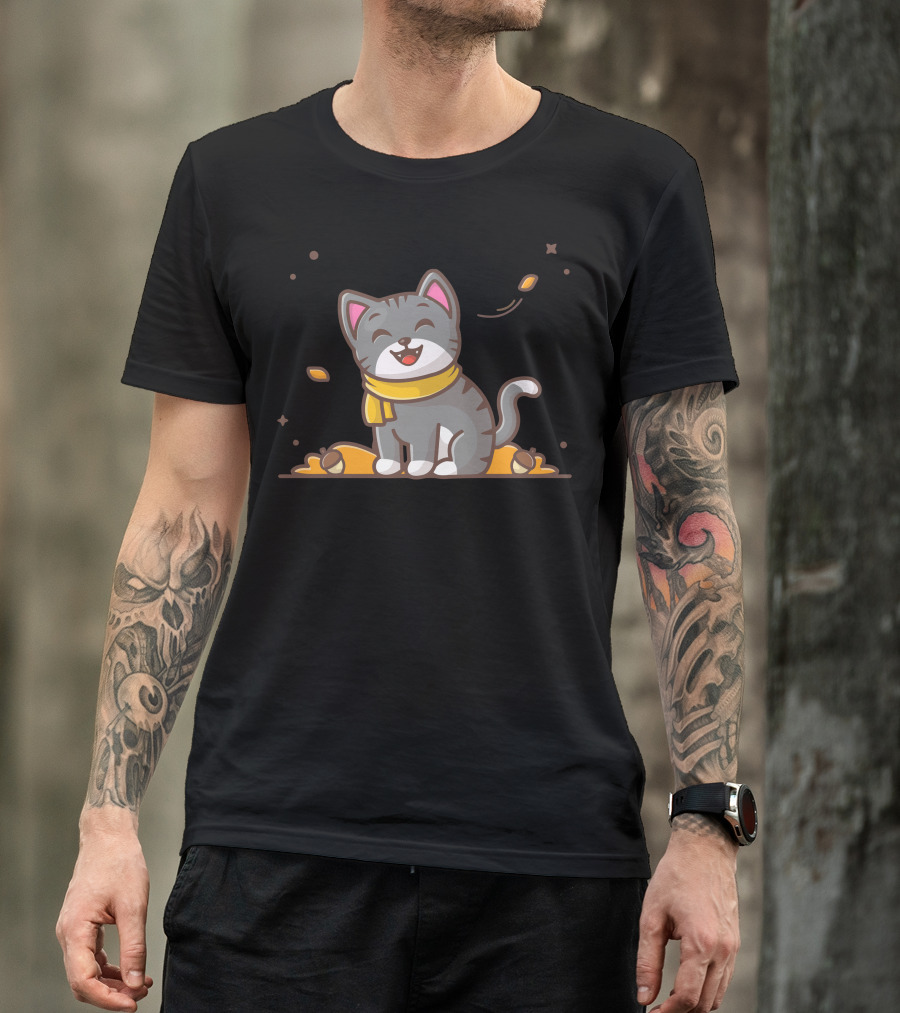 Cat Wearing Scarf In Autumn With Acorns And Leaves T-Shirt
