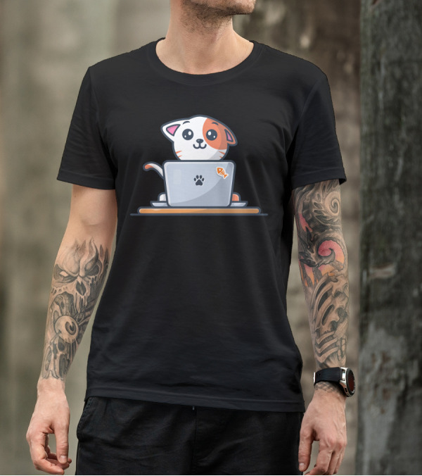 Playful Cat With Fish Sticker Working On Laptop T-Shirt