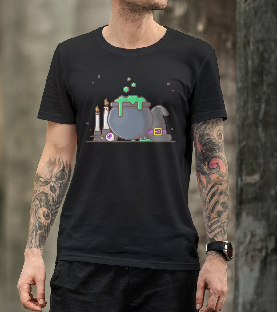 Cauldron Witch Hat Bubbling Green Brew Candles Eyeball Halloween T-Shirt