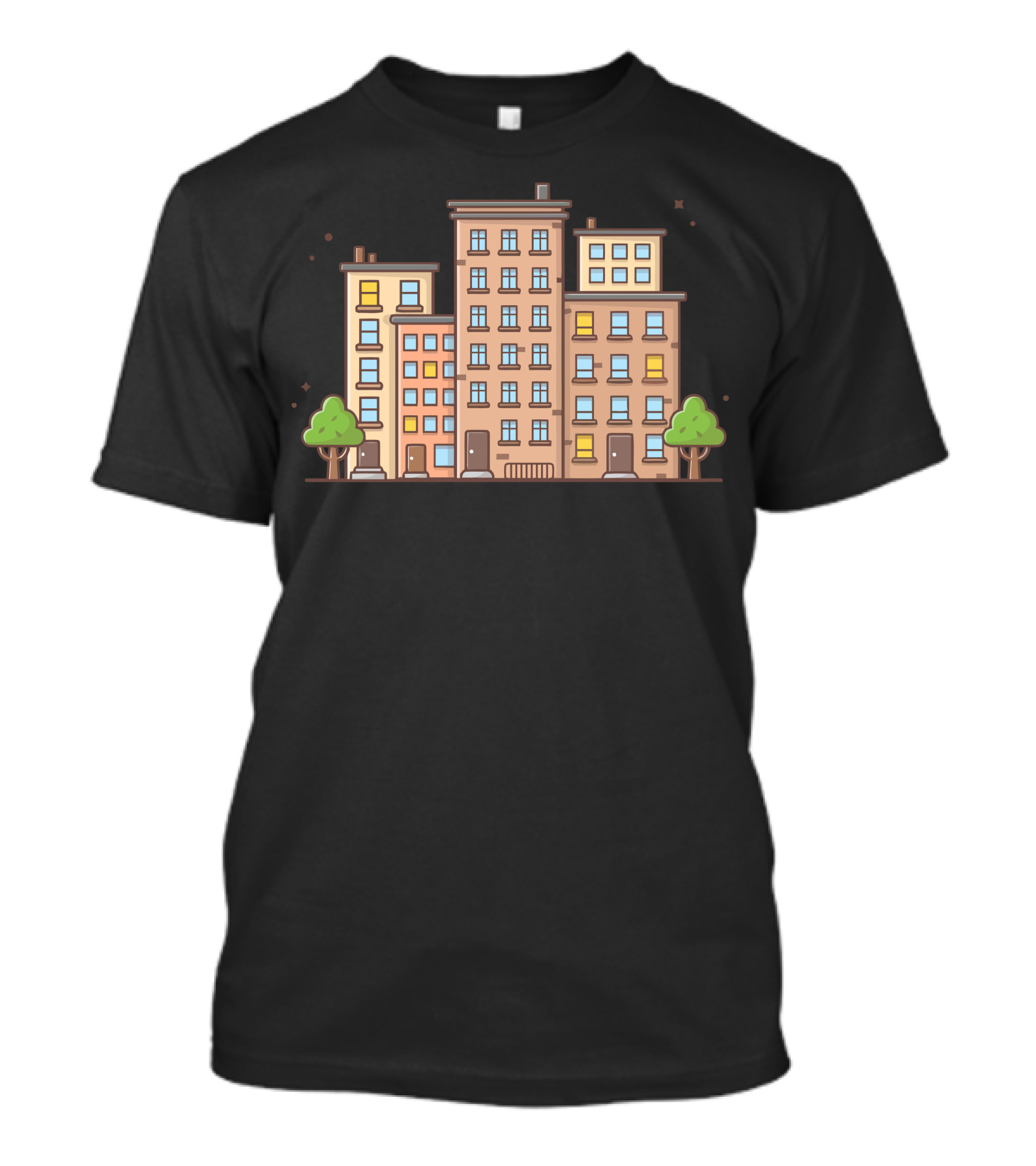 Cityscape Urban Buildings Illustration With Trees And Stars T-Shirt