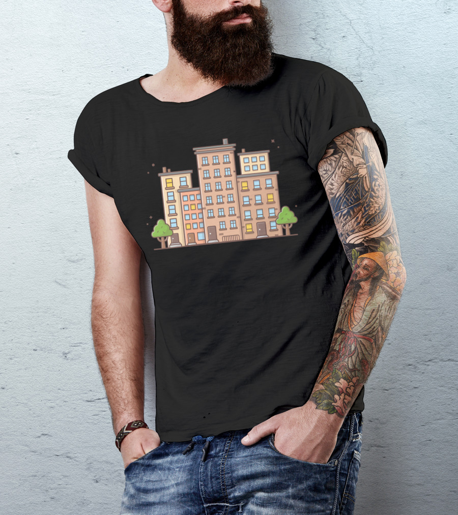 Cityscape Urban Buildings Illustration With Trees And Stars T-Shirt