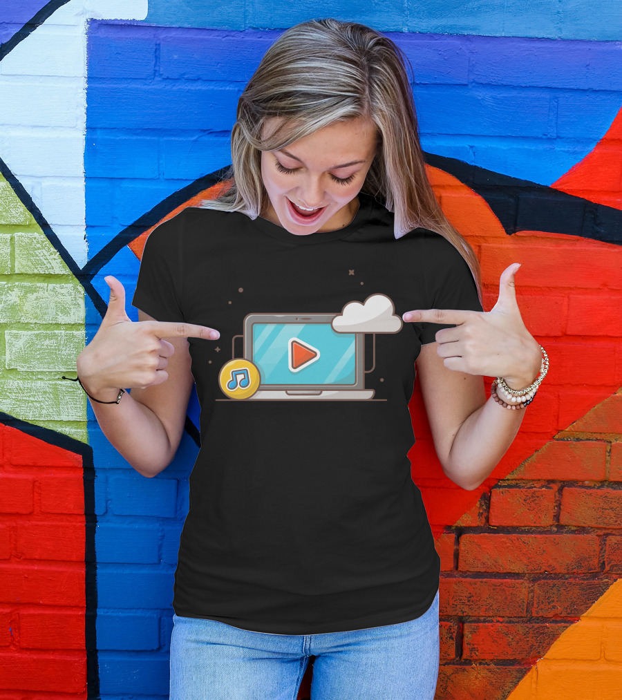 Cloud Music Note Streaming Play Button On Laptop T-Shirt