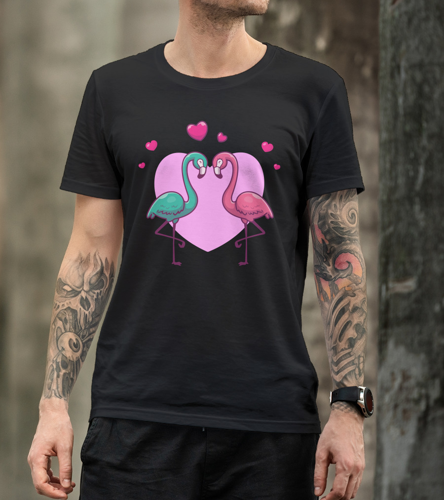 Couple Of Flamingo Fall In Love Hearts And Pink Heart Background T-Shirt