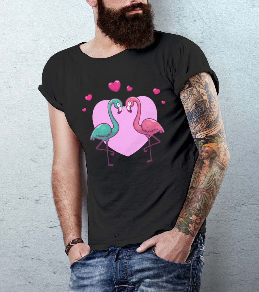 Couple Of Flamingo Fall In Love Hearts And Pink Heart Background T-Shirt