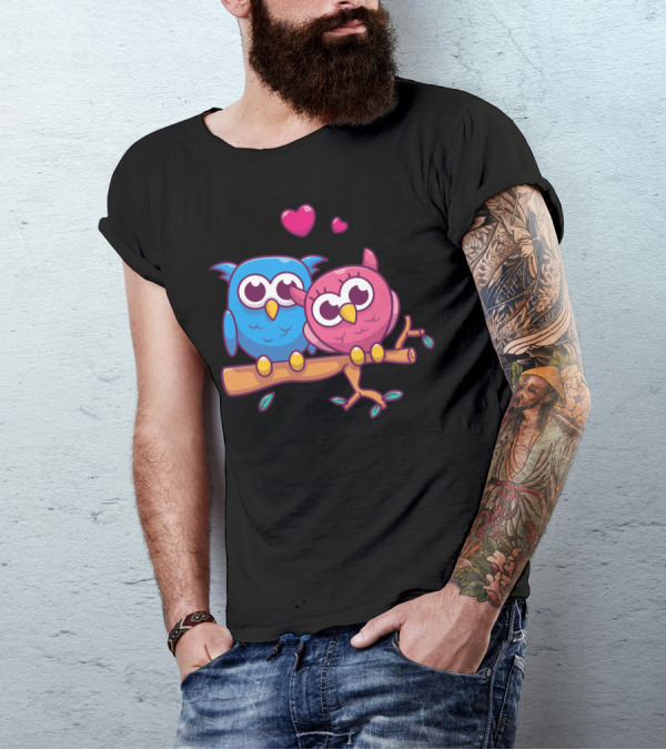 Couple Of Owl Fall In Love With Hearts And Branch T-Shirt