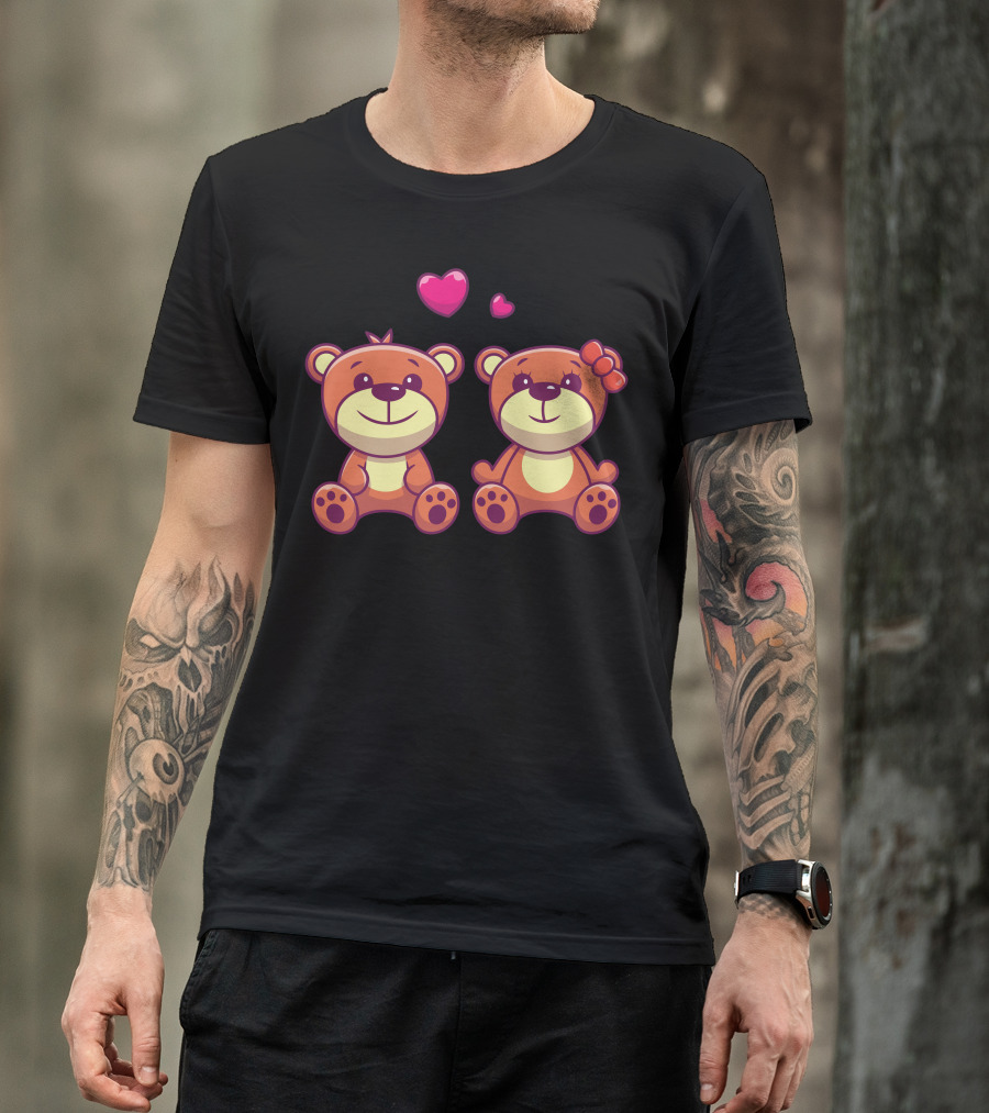 Couple Of Teddy Bear In Love With Pink Hearts And Bow T-Shirt