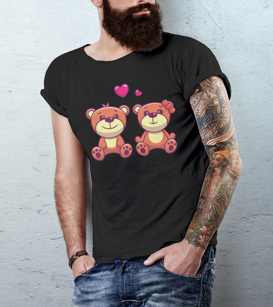 Couple Of Teddy Bear In Love With Pink Hearts And Bow T-Shirt