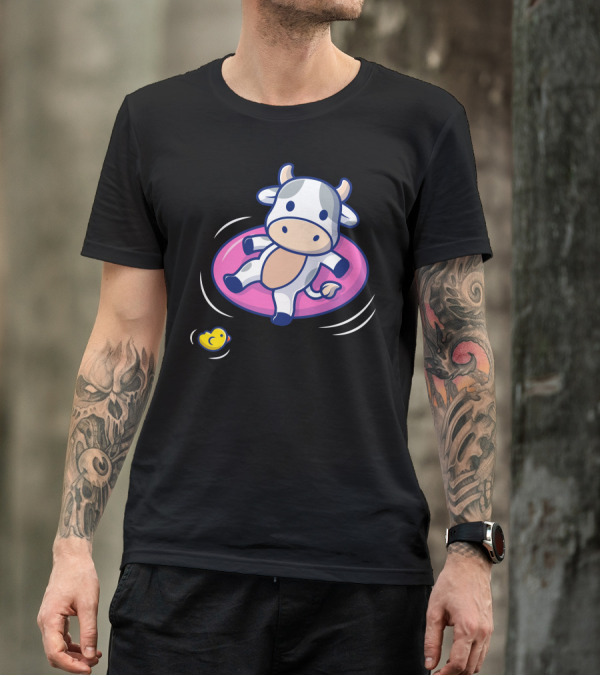 Cow On Pink Float With Rubber Duck Swimming Beach Fun T-Shirt