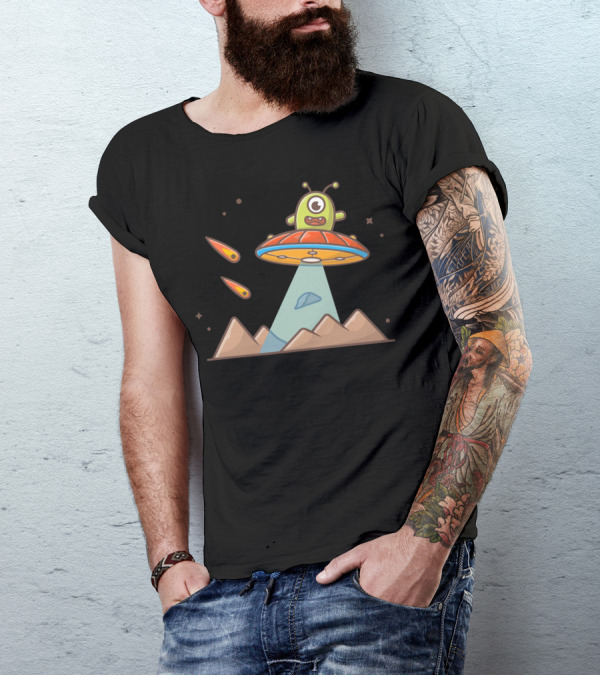 Cute Alien In UFO Hovering Over Mountains With Meteorites T-Shirt