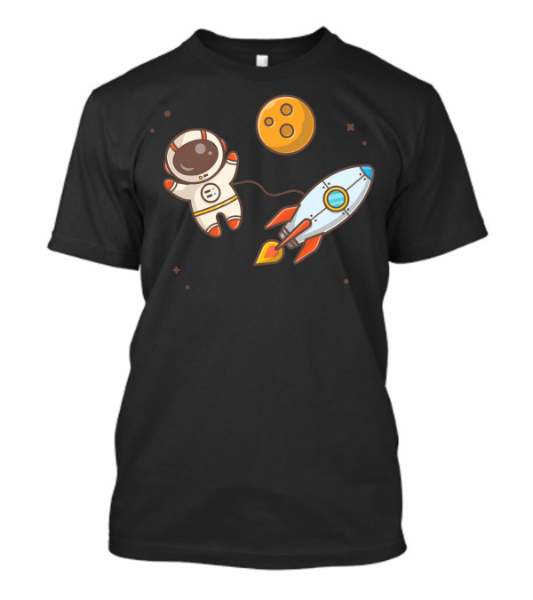 Cute Astronaut Floating Beside Rocket And Moon In Space Adventure T-Shirt