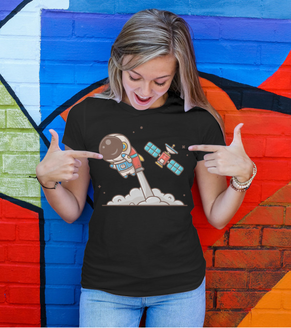 Cute Astronaut Rocketing Through Space With Satellite Journey T-Shirt