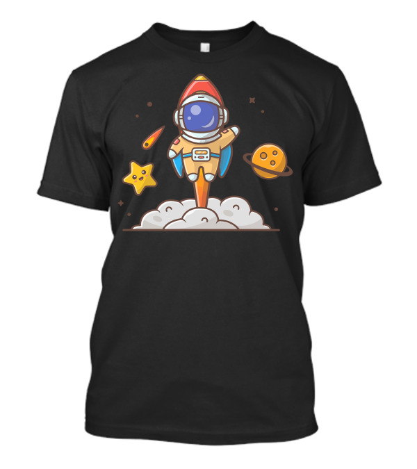 Cute Astronaut Flying With Rocket Planet Star And Comet T-Shirt