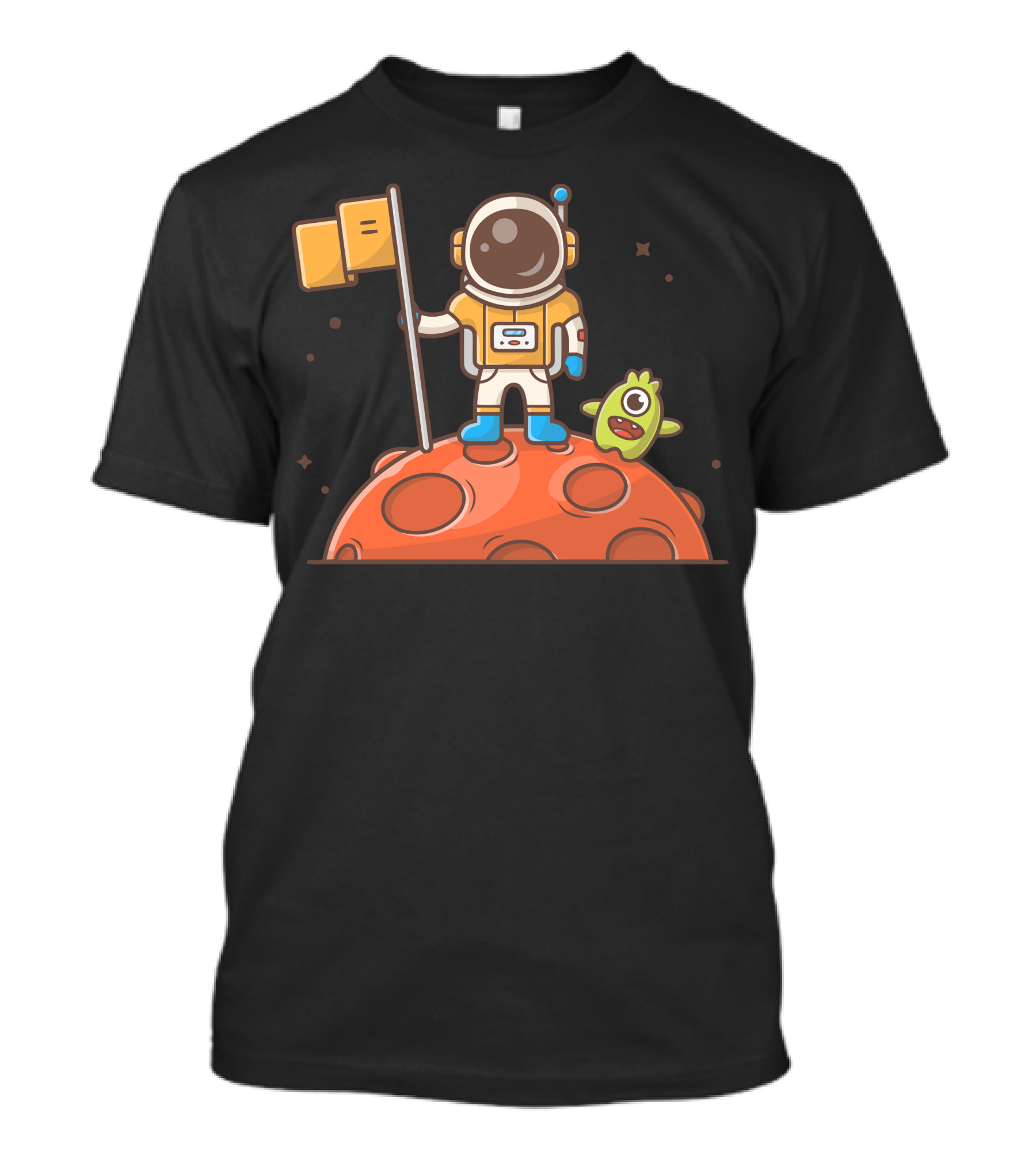 Cute Astronaut On Moon With Flag And Charming Alien Companion T-Shirt
