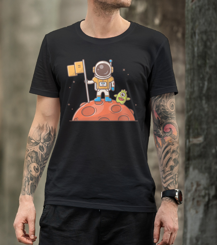 Cute Astronaut On Moon With Flag And Charming Alien Companion T-Shirt