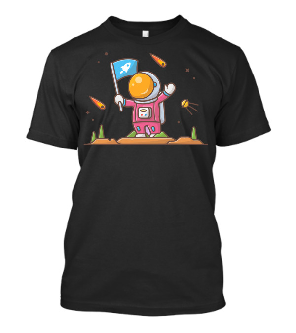 Cute Astronaut Holding Flag On Planet With Satellite And Comets T-Shirt