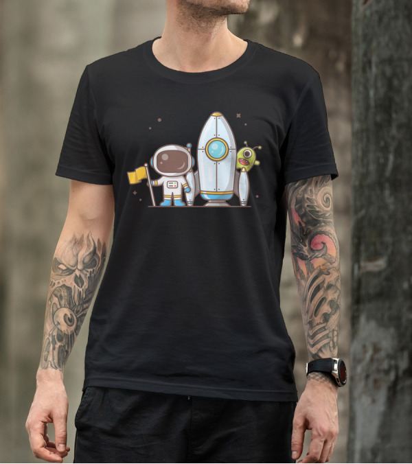Cute Astronaut Holding Flag With Rocket And Alien Companion T-Shirt