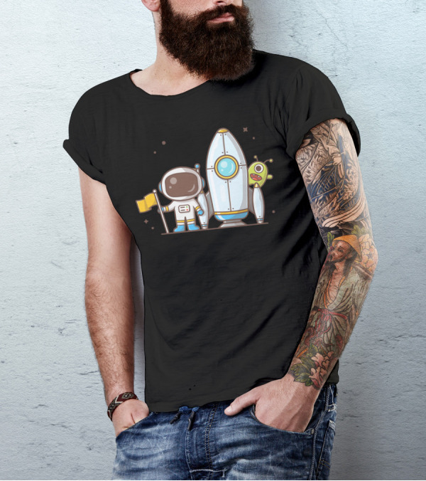 Cute Astronaut Holding Flag With Rocket And Alien Companion T-Shirt