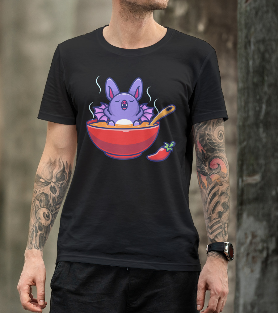 Cute Bat Relaxing In Steaming Soup Bowl With Pepper T-Shirt