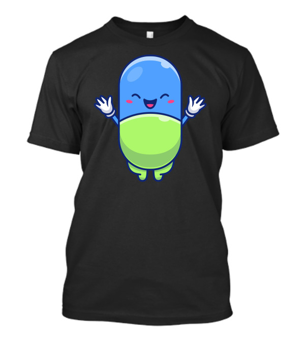 Cute Blue And Green Capsule With Happy Face And Raised Arms T-Shirt