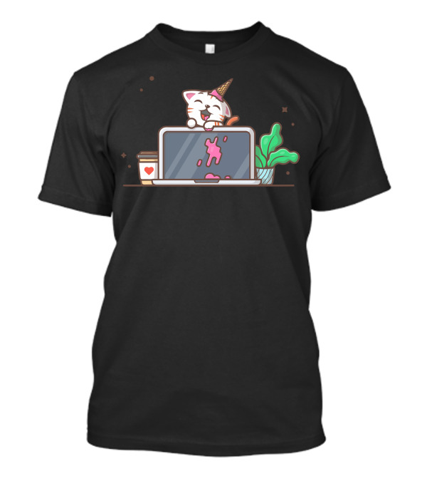 Cute Cat With Ice Cream Cone And Laptop Coffee And Plant T-Shirt