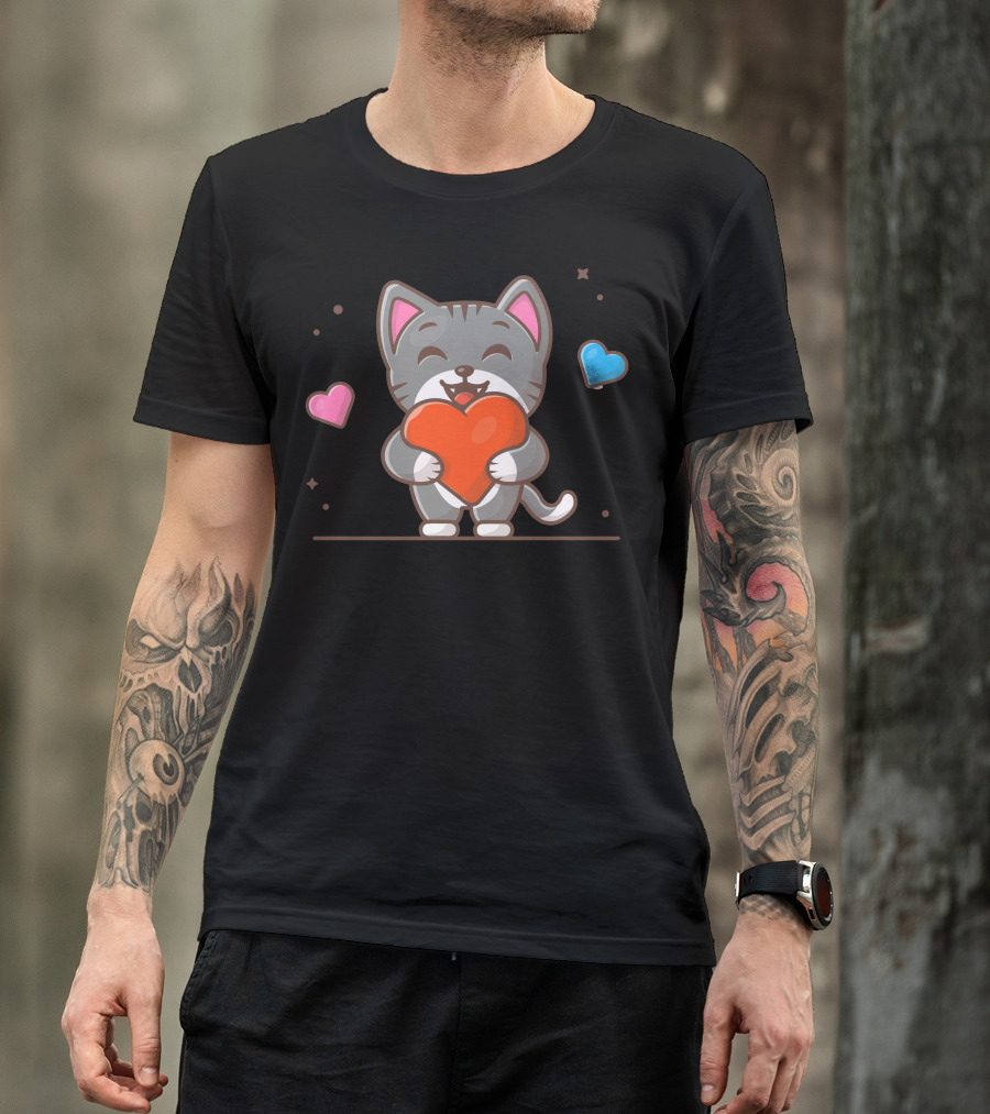 Cute Cat Joyfully Holding A Big Heart Surrounded By Colorful Hearts T-Shirt