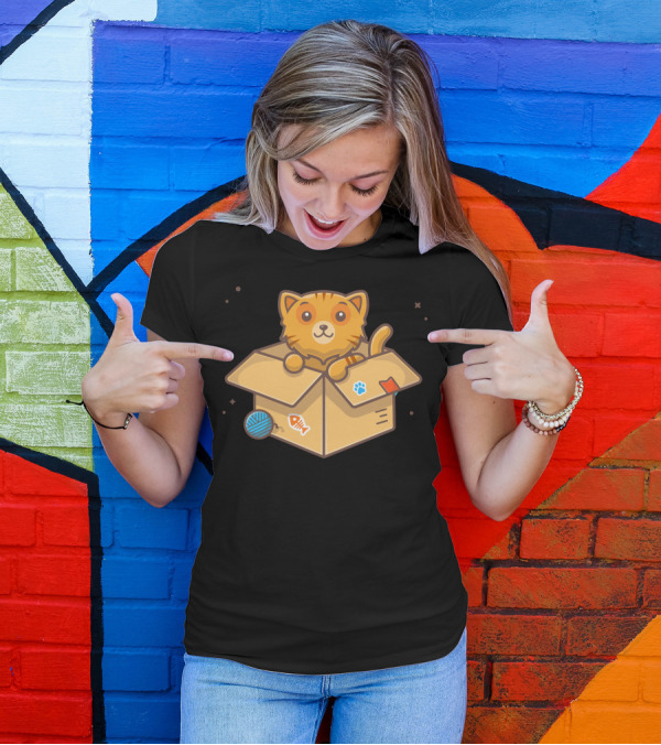 Cute Orange Cat In Cardboard Box With Yarn And Fish Stickers T-Shirt