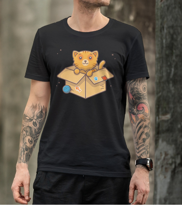 Cute Orange Cat In Cardboard Box With Yarn And Fish Stickers T-Shirt
