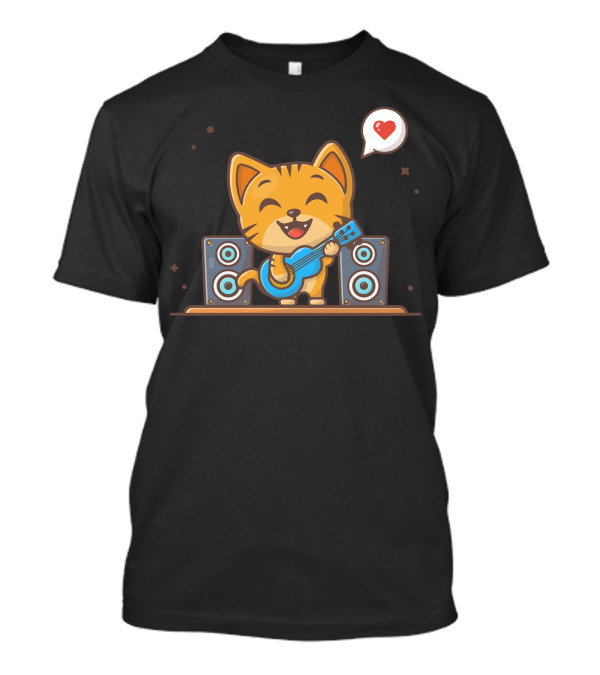 Happy Cute Cat Playing Guitar With Heart Icon And Speaker Background T-Shirt
