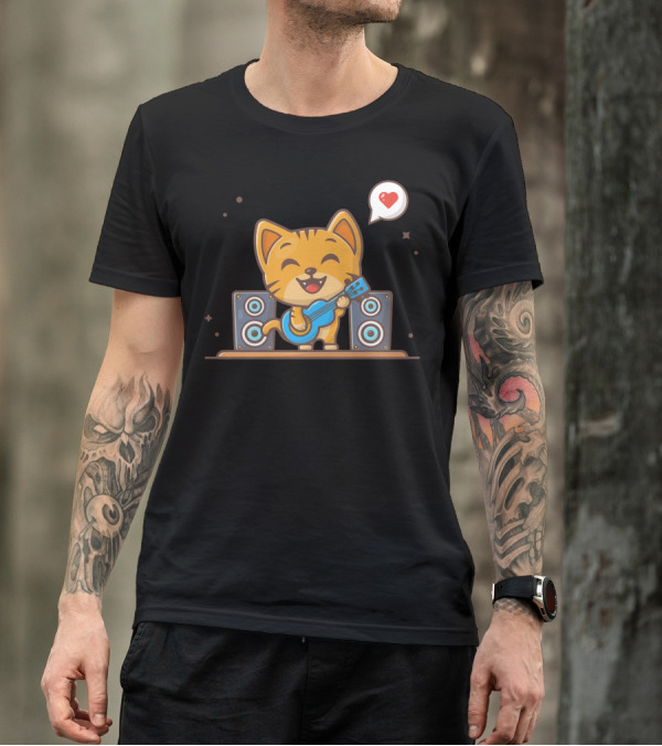 Happy Cute Cat Playing Guitar With Heart Icon And Speaker Background T-Shirt