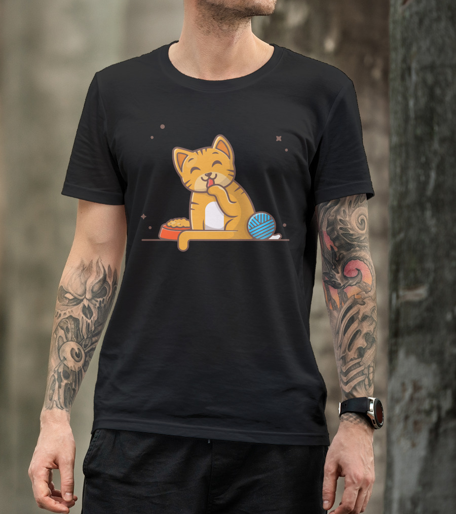 Cute Happy Cat Licking Paw With Food Bowl And Blue Yarn Ball T-Shirt