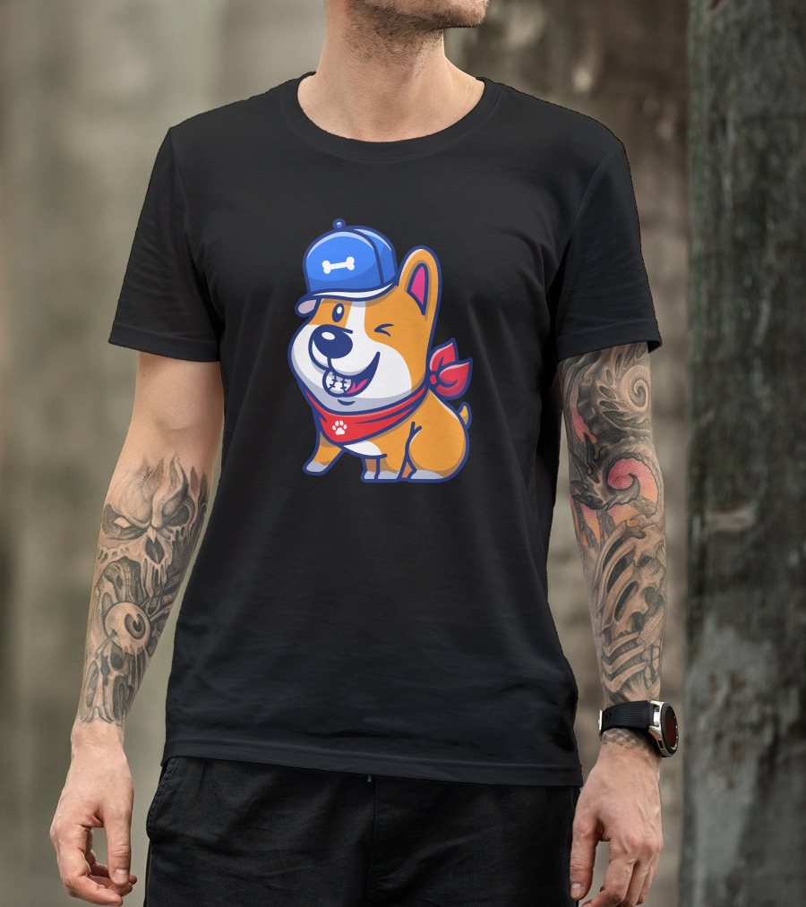 Cute Corgi Winking With Baseball Cap And Red Bandana T-Shirt