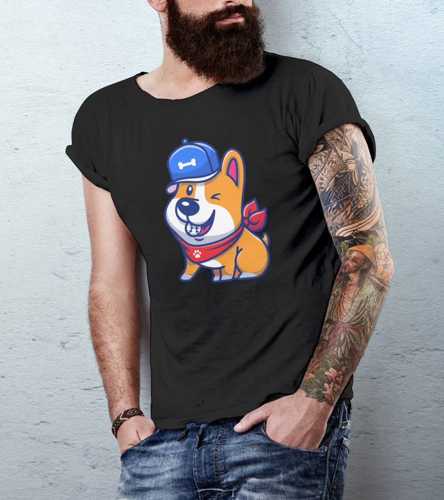 Cute Corgi Winking With Baseball Cap And Red Bandana T-Shirt