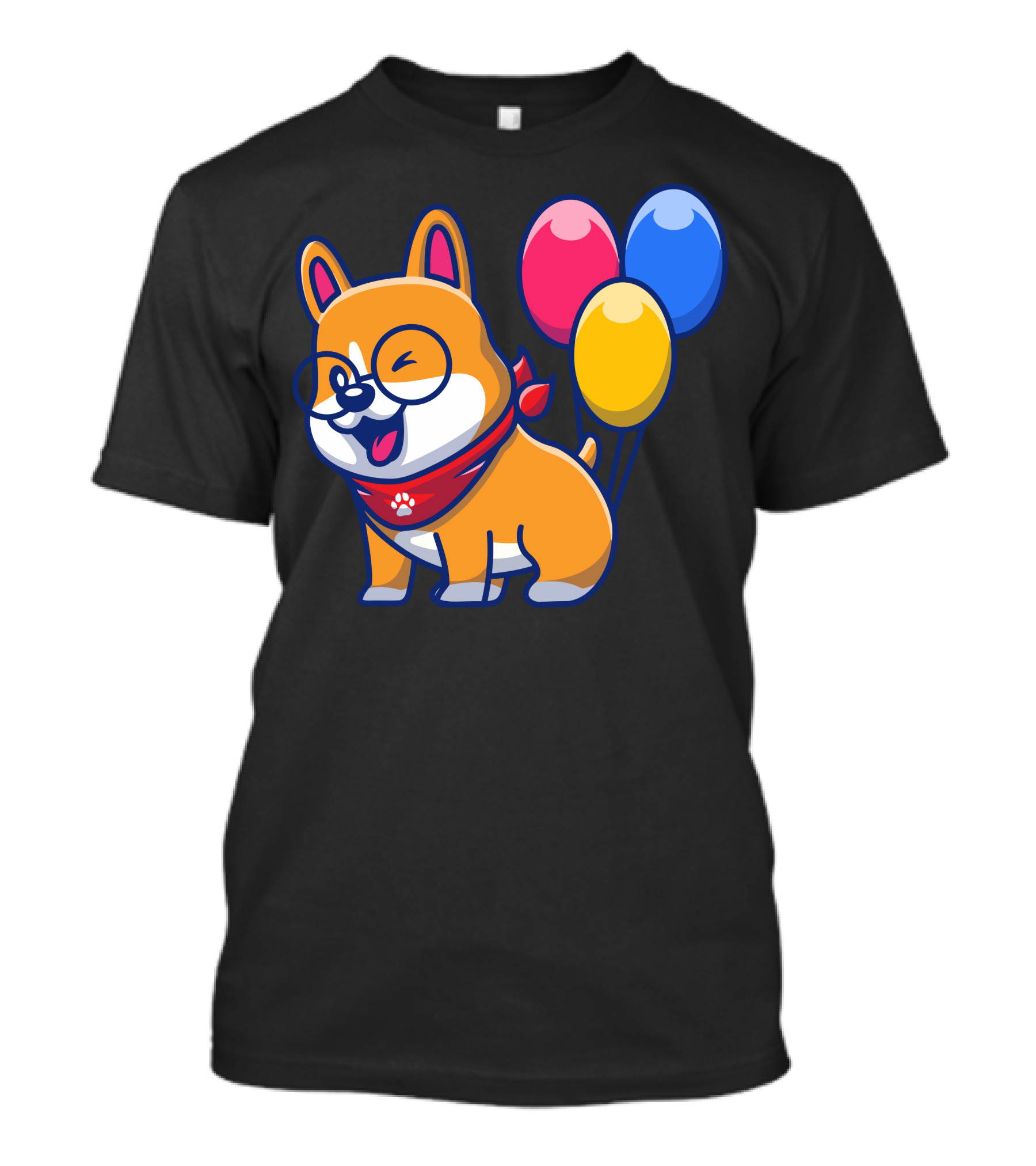 Cute Corgi In Glasses With Red Blue Yellow Balloons And Paw Print Bandana T-Shirt