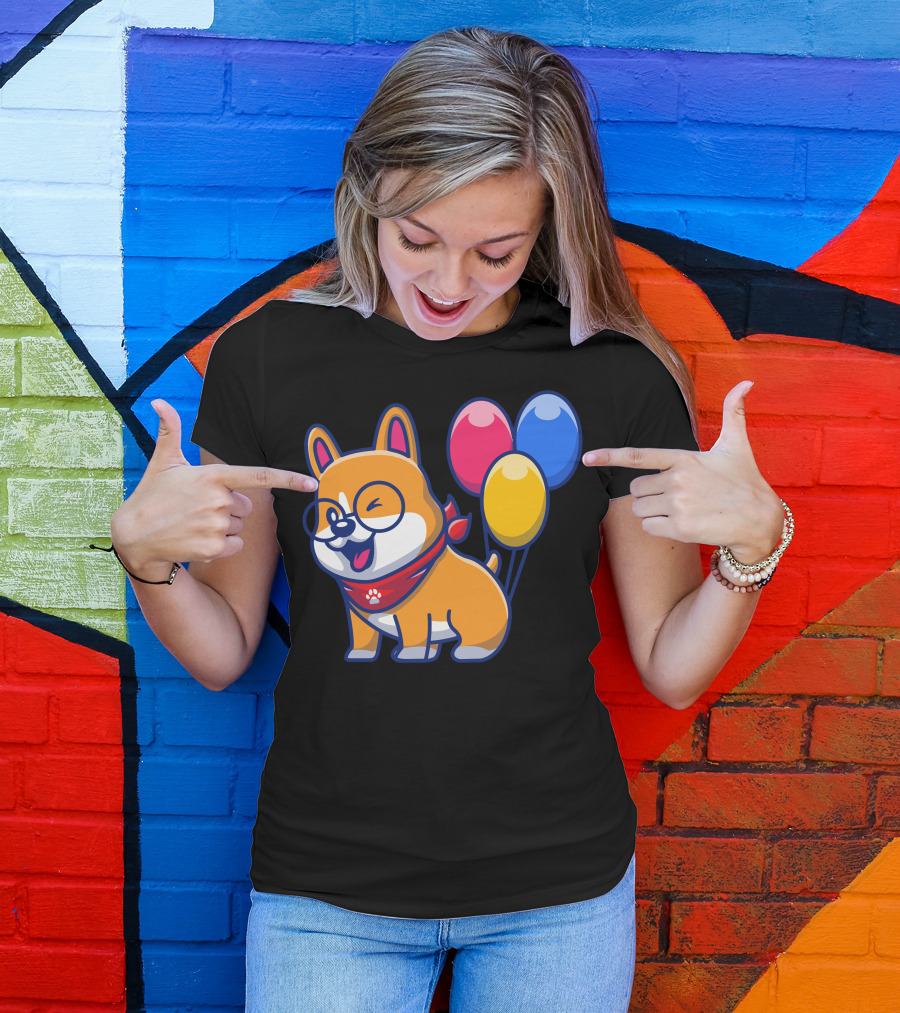 Cute Corgi In Glasses With Red Blue Yellow Balloons And Paw Print Bandana T-Shirt