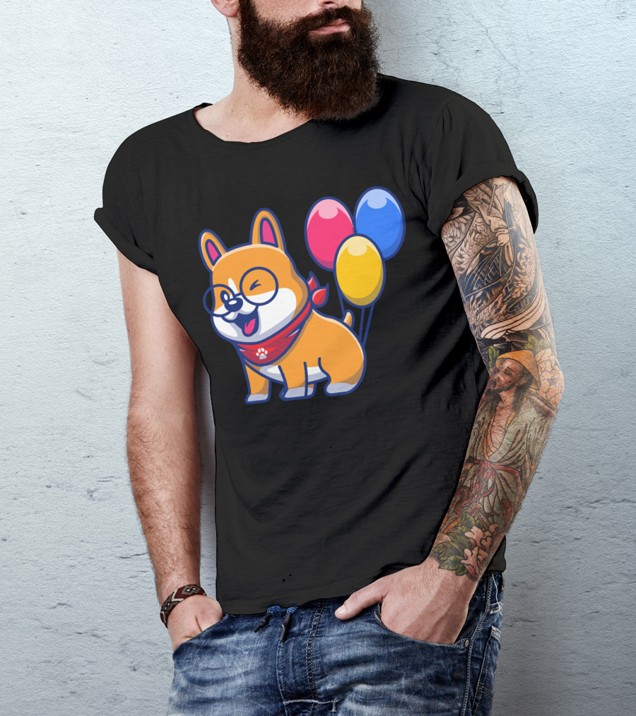 Cute Corgi In Glasses With Red Blue Yellow Balloons And Paw Print Bandana T-Shirt
