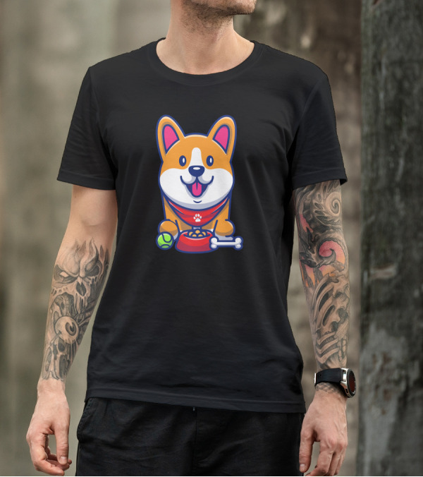 Cute Corgi With Tennis Ball Bowl And Bone T-Shirt