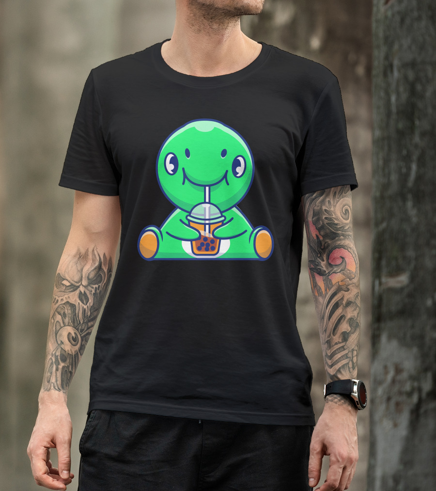 Cute Green Dinosaur Enjoying Boba Tea With Straw T-Shirt